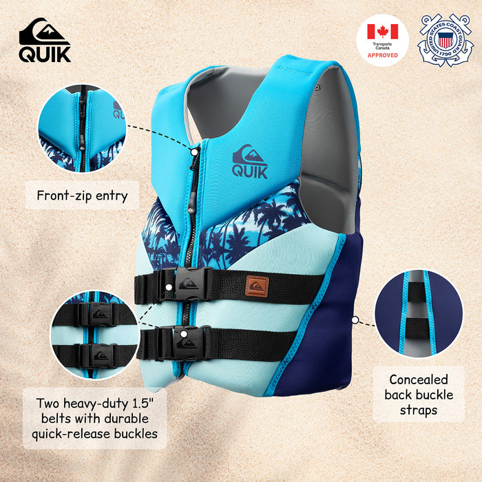 QUIKSILVER Youth Life Vest, USCG and Transport Canada Approved Life Jacket, Evoprene PFD, Personal Flotation Device Level 70 Buoyancy Aid for Teen Boys, Boating Fishing Kayaking Water Sports