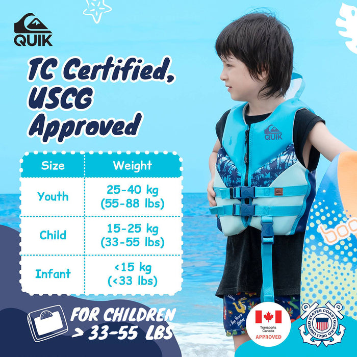 QUIKSILVER Child Life Vest, USCG and Transport Canada Approved Life Jacket with Safety Strap, Evoprene PFD Swim Vest, Personal Flotation Device Kids Float Jacket for Boys, Boating Swimming