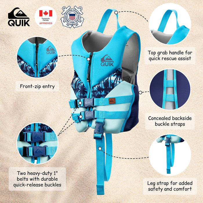 QUIKSILVER Child Life Vest, USCG and Transport Canada Approved Life Jacket with Safety Strap, Evoprene PFD Swim Vest, Personal Flotation Device Kids Float Jacket for Boys, Boating Swimming
