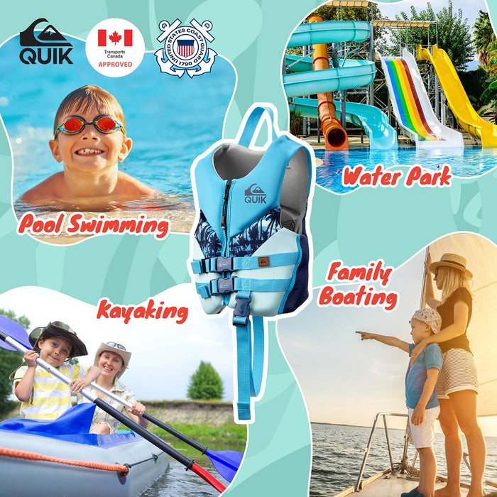 QUIKSILVER Child Life Vest, USCG and Transport Canada Approved Life Jacket with Safety Strap, Evoprene PFD Swim Vest, Personal Flotation Device Kids Float Jacket for Boys, Boating Swimming