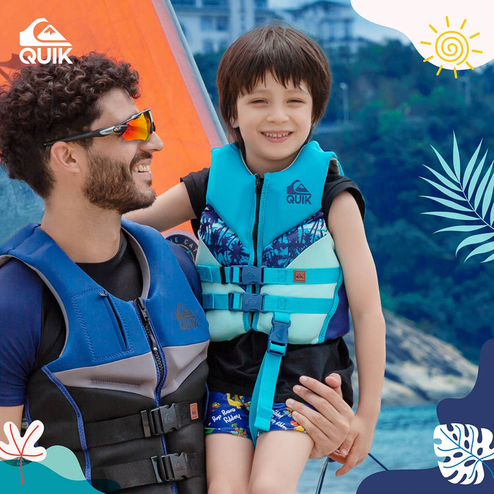 QUIKSILVER Child Life Vest, USCG and Transport Canada Approved Life Jacket with Safety Strap, Evoprene PFD Swim Vest, Personal Flotation Device Kids Float Jacket for Boys, Boating Swimming
