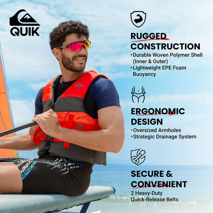 QUIKSILVER USCG Approved Adult Life Jacket, Lightweight EPE Foam and Quick-Release Buckles, Drain Holes for Fishing, Boating & Kayaking