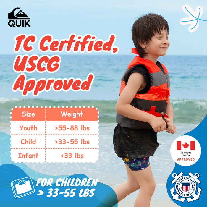 QUIKSILVER USCG Approved Life Vest for Children, Lightweight EPE Foam & Durable Quick-Release Buckles, Leg Strap and grab handle for security, Fishing & Boating