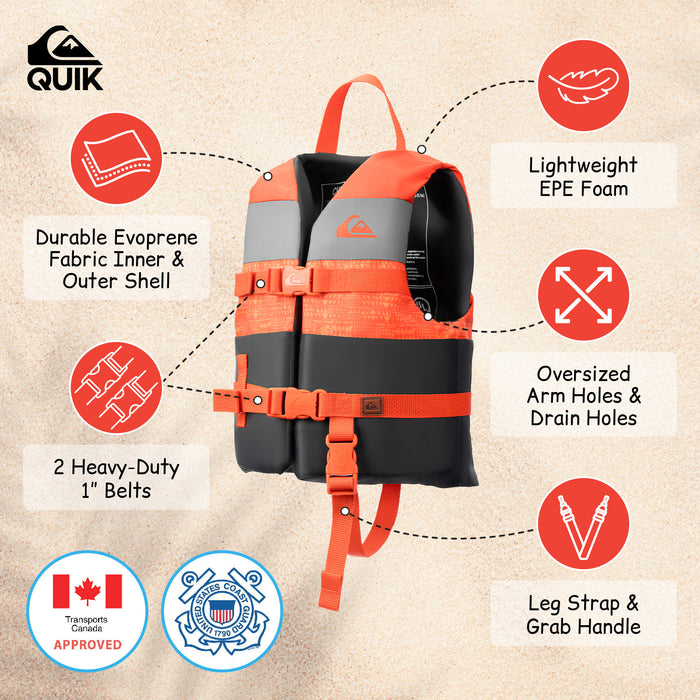 QUIKSILVER USCG Approved Life Vest for Children, Lightweight EPE Foam & Durable Quick-Release Buckles, Leg Strap and grab handle for security, Fishing & Boating
