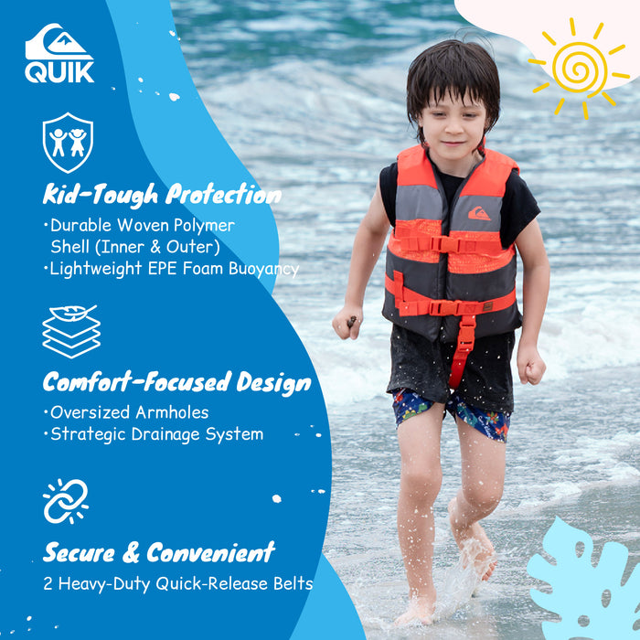 QUIKSILVER USCG Approved Life Vest for Children, Lightweight EPE Foam & Durable Quick-Release Buckles, Leg Strap and grab handle for security, Fishing & Boating