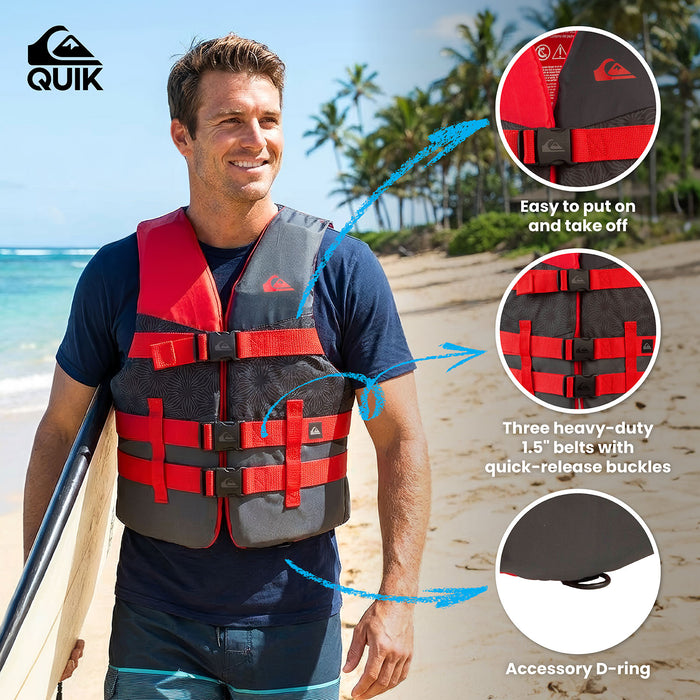 QUIKSILVER USCG Approved Men's Life Vest, Light-Weight EPE Foam, Three Belts with Quick-Release Buckles & D-Ring for Fishing and Boating