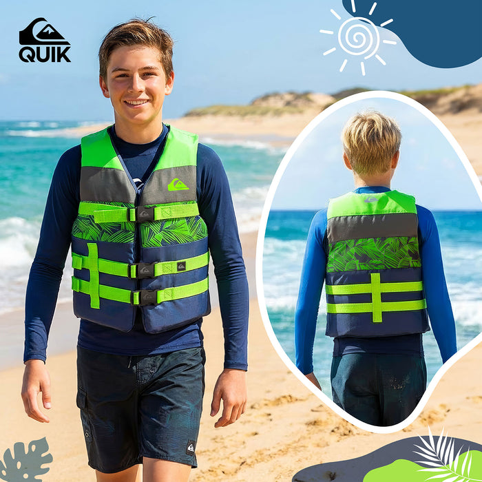 QUIKSILVER USCG Approved Teen Life Vest PFD, Light-Weight EPE Foam, Three Belts with Quick-Release Buckles for Fishing, Boating & Kayaking
