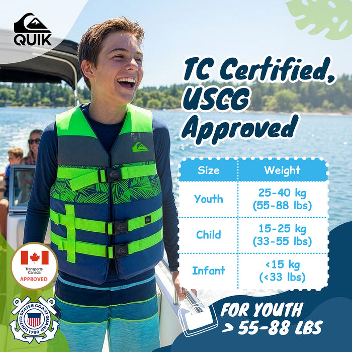QUIKSILVER USCG Approved Teen Life Vest PFD, Light-Weight EPE Foam, Three Belts with Quick-Release Buckles for Fishing, Boating & Kayaking
