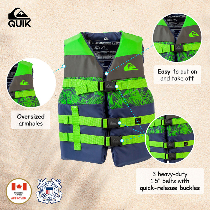 QUIKSILVER USCG Approved Teen Life Vest PFD, Light-Weight EPE Foam, Three Belts with Quick-Release Buckles for Fishing, Boating & Kayaking