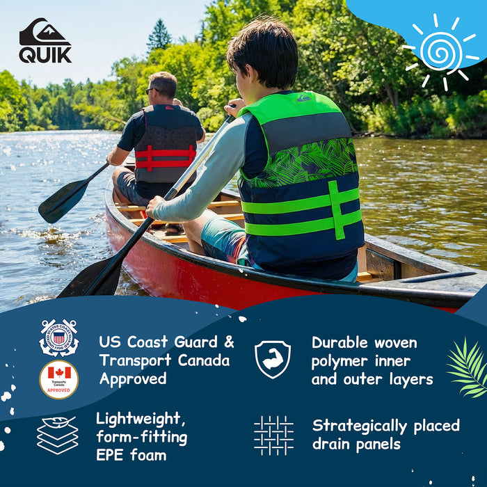 QUIKSILVER USCG Approved Teen Life Vest PFD, Light-Weight EPE Foam, Three Belts with Quick-Release Buckles for Fishing, Boating & Kayaking