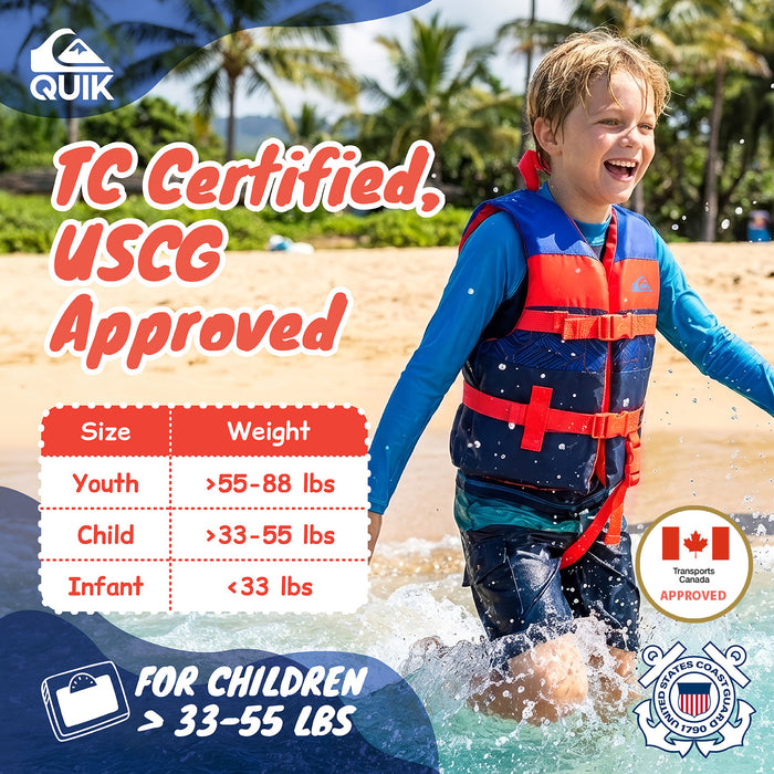 QUIKSILVER USCG Approved Life Vest for Children, Lightweight EPE Foam & Durable Quick-Release Buckles, Leg Strap and Grab Handle for Security, Fishing & Boating