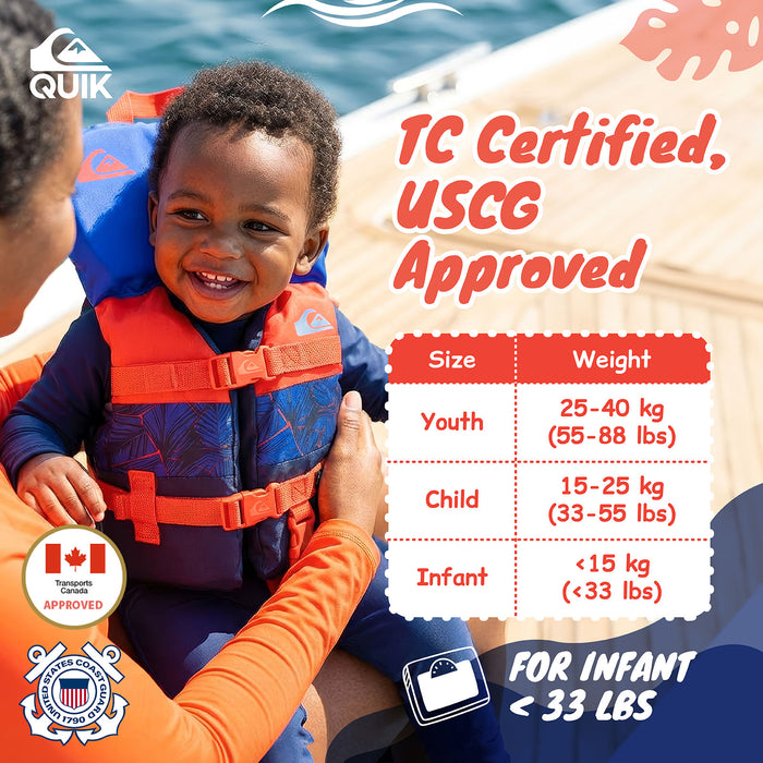 QUIKSILVER Infant Life Vest USCG Approved with Quick-Release Buckles & Leg Strap, Upright Flotation and Grab Handle, for Boating, Fishing & Kayaking