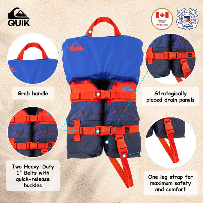 QUIKSILVER Infant Life Vest USCG Approved with Quick-Release Buckles & Leg Strap, Upright Flotation and Grab Handle, for Boating, Fishing & Kayaking