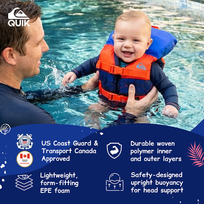 QUIKSILVER Infant Life Vest USCG Approved with Quick-Release Buckles & Leg Strap, Upright Flotation and Grab Handle, for Boating, Fishing & Kayaking
