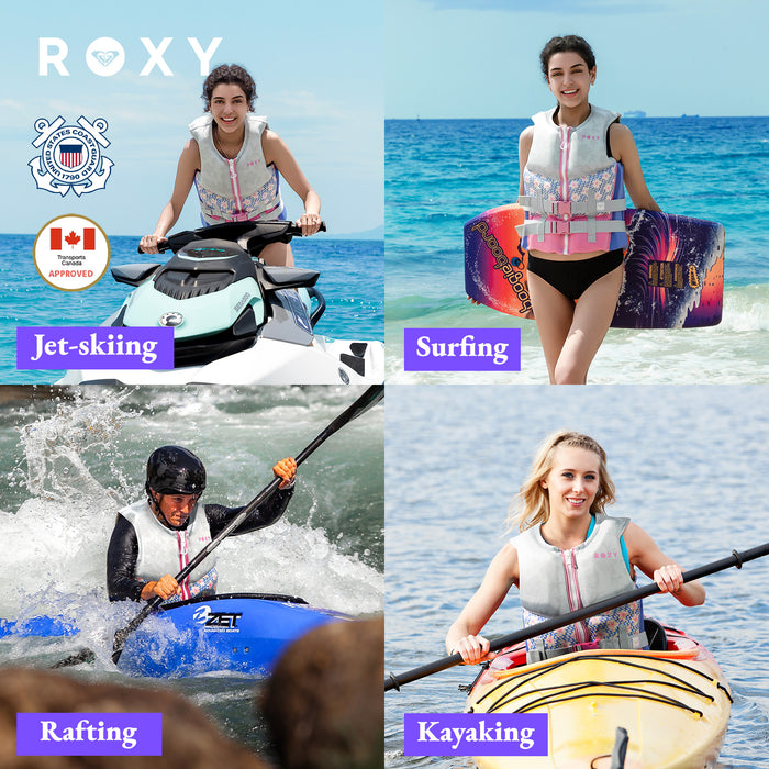 ROXY Women's Life Vest, USCG and Transport Canada Approved PFD, Evoprene CGA Life Jacket, Personal Flotation Device for Jet Skiing Wakeboarding Rafting Sailing Surfing Boating Water Sports