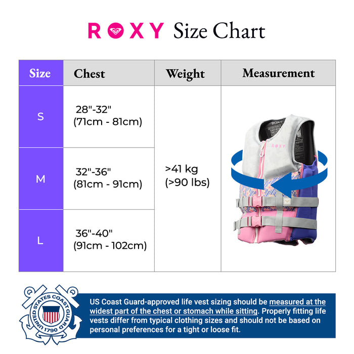 ROXY Women's Life Vest, USCG and Transport Canada Approved PFD, Evoprene CGA Life Jacket, Personal Flotation Device for Jet Skiing Wakeboarding Rafting Sailing Surfing Boating Water Sports