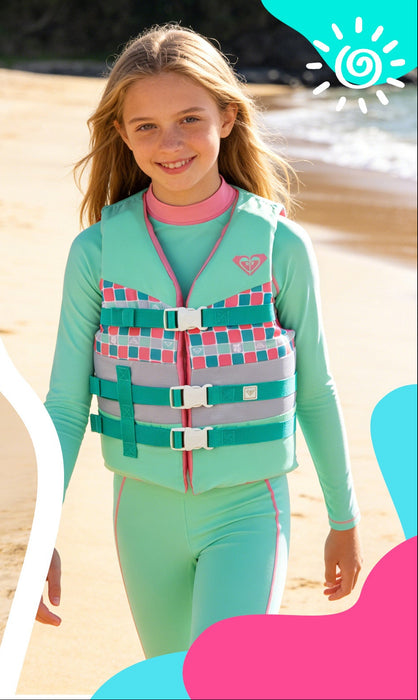 ROXY USCG Approved Teen & Youth Life Vest PFD, Light-Weight EPE Foam, Three Belts with Quick-Release Buckles for Fishing, Boating & Kayaking