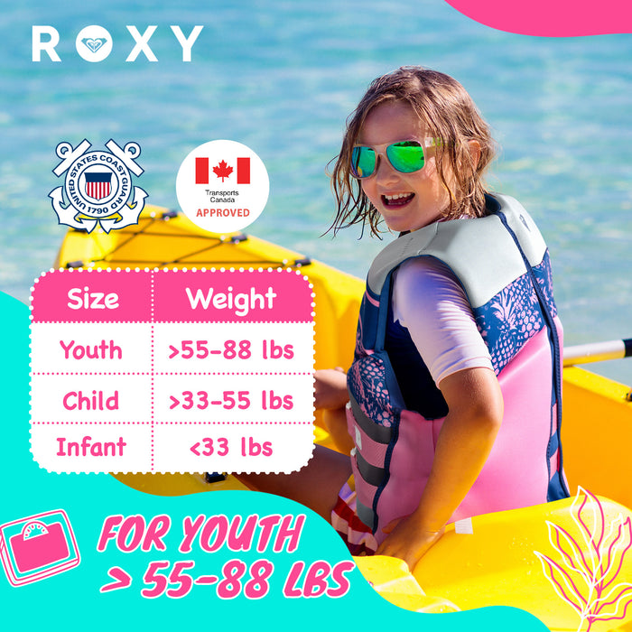 ROXY Youth Life Vest, USCG and Transport Canada Approved PFD, Evoprene Daily CGA Life Jacket Personal Flotation Device for Girls Weighing 55-88 lbs, Boating Kayaking Pool Swimming Water Sports