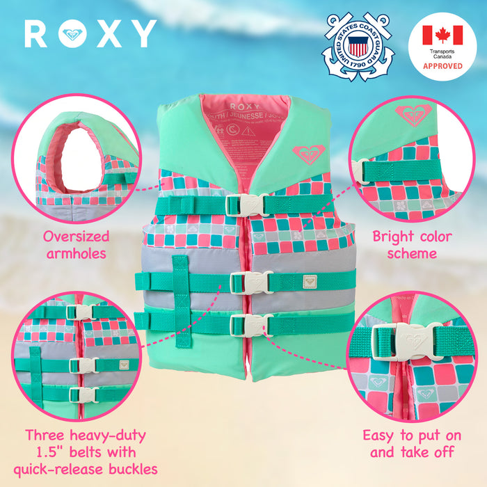 ROXY USCG Approved Teen & Youth Life Vest PFD, Light-Weight EPE Foam, Three Belts with Quick-Release Buckles for Fishing, Boating & Kayaking