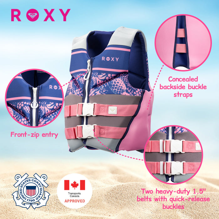 ROXY Youth Life Vest, USCG and Transport Canada Approved PFD, Evoprene Daily CGA Life Jacket Personal Flotation Device for Girls Weighing 55-88 lbs, Boating Kayaking Pool Swimming Water Sports