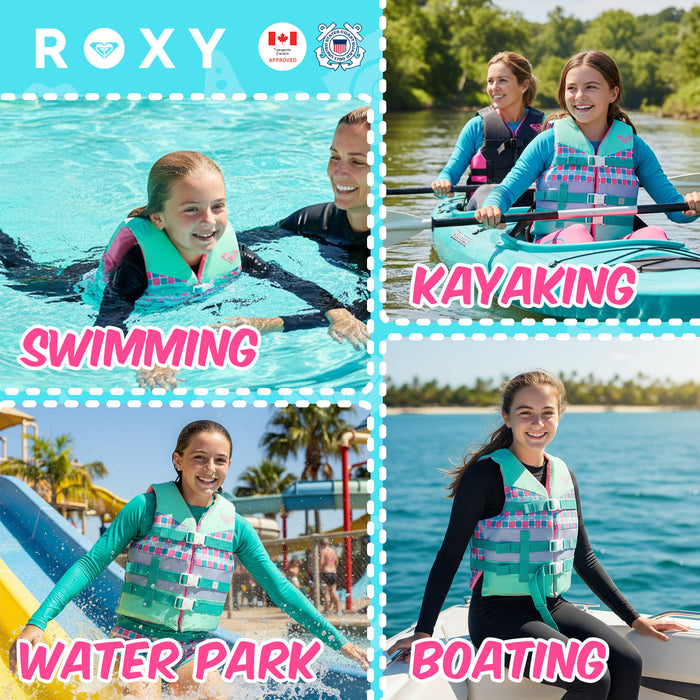 ROXY USCG Approved Teen & Youth Life Vest PFD, Light-Weight EPE Foam, Three Belts with Quick-Release Buckles for Fishing, Boating & Kayaking