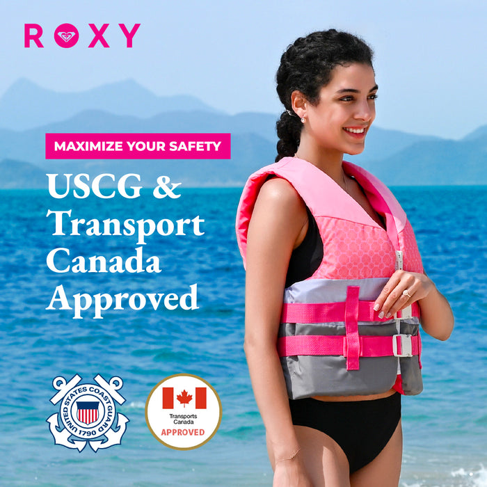 ROXY USCG Approved Women's Life Vest, Light-weight EPE Foam and Drain Holes with Two Quick Release Buckles, for Boating, Fishing & Kayaking