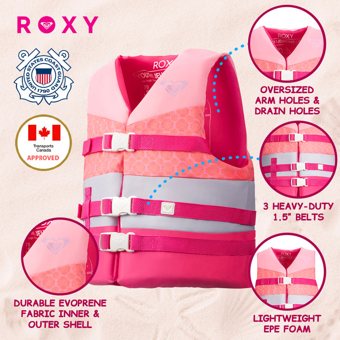 ROXY USCG Approved Teen & Youth Life Vest PFD, Light-Weight EPE Foam and Drain Holes, Three Belts with Quick-Release Buckles for Fishing, Boating & Kayaking
