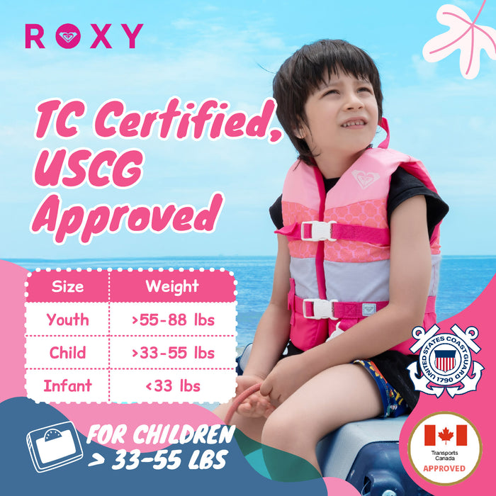 ROXY Kids Life Vest USCG Approved with Quick-Release Buckles & Leg Strap, Lightweight EPE Foam for Boating, Fishing & Kayaking