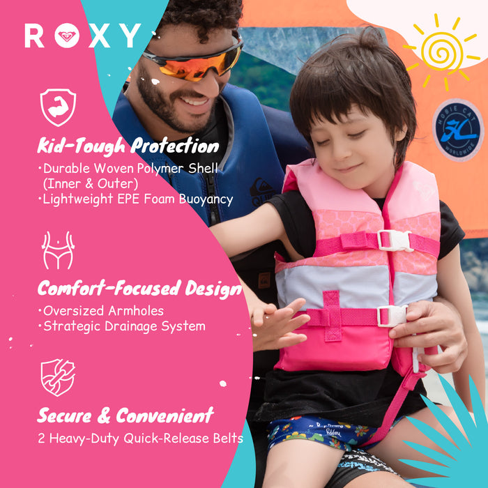 ROXY Kids Life Vest USCG Approved with Quick-Release Buckles & Leg Strap, Lightweight EPE Foam for Boating, Fishing & Kayaking