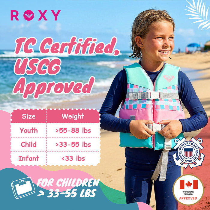 ROXY Kids Life Vest USCG Approved with Quick-Release Buckles & Leg Strap, Lightweight EPE Foam for Boating, Fishing & Kayaking