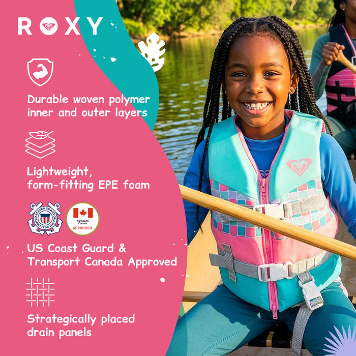 ROXY Kids Life Vest USCG Approved with Quick-Release Buckles & Leg Strap, Lightweight EPE Foam for Boating, Fishing & Kayaking