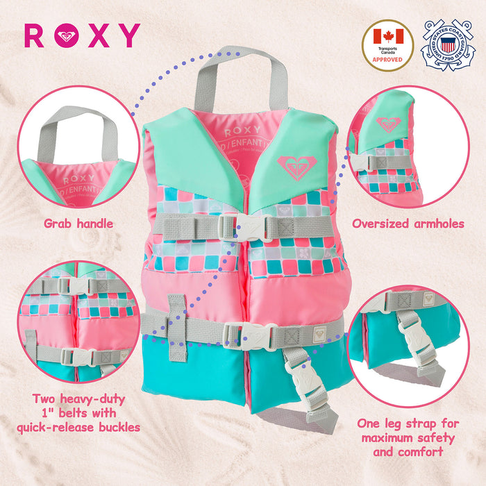 ROXY Kids Life Vest USCG Approved with Quick-Release Buckles & Leg Strap, Lightweight EPE Foam for Boating, Fishing & Kayaking