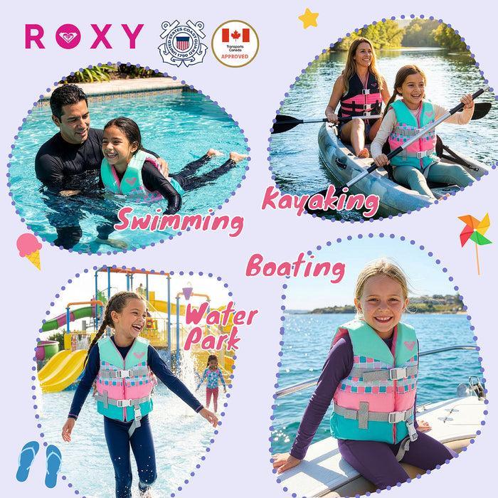 ROXY Kids Life Vest USCG Approved with Quick-Release Buckles & Leg Strap, Lightweight EPE Foam for Boating, Fishing & Kayaking