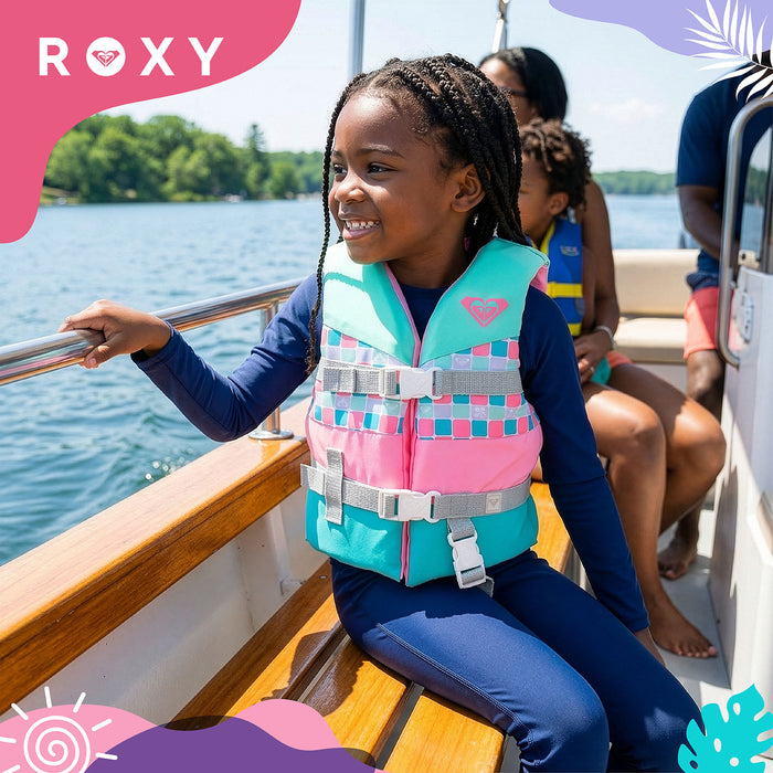ROXY Kids Life Vest USCG Approved with Quick-Release Buckles & Leg Strap, Lightweight EPE Foam for Boating, Fishing & Kayaking