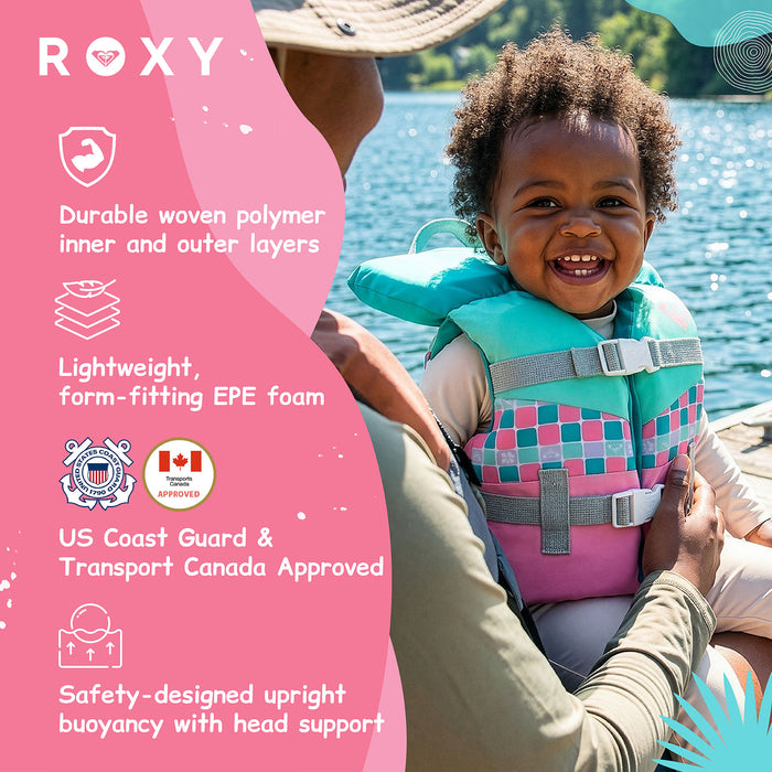 ROXY Infant Life Vest USCG Approved with Quick-Release Buckles & Leg Strap, Upright Flotation for Fishing, Boating & Kayaking
