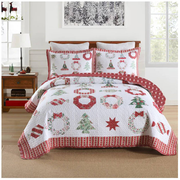 Marcielo Christmas Quilt Set - Winter Christmas Pattern Holiday Bedding Bed Set (1 Quilt 2 Pillow Shams) - BY205