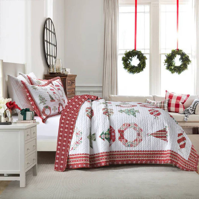 Marcielo Christmas Quilt Set - Winter Christmas Pattern Holiday Bedding Bed Set (1 Quilt 2 Pillow Shams) - BY205