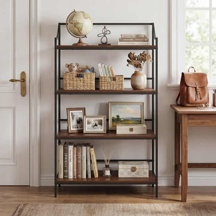 Rustic 4 Tiers Bookcase with Metal Frame, 56.75" X 33.25"