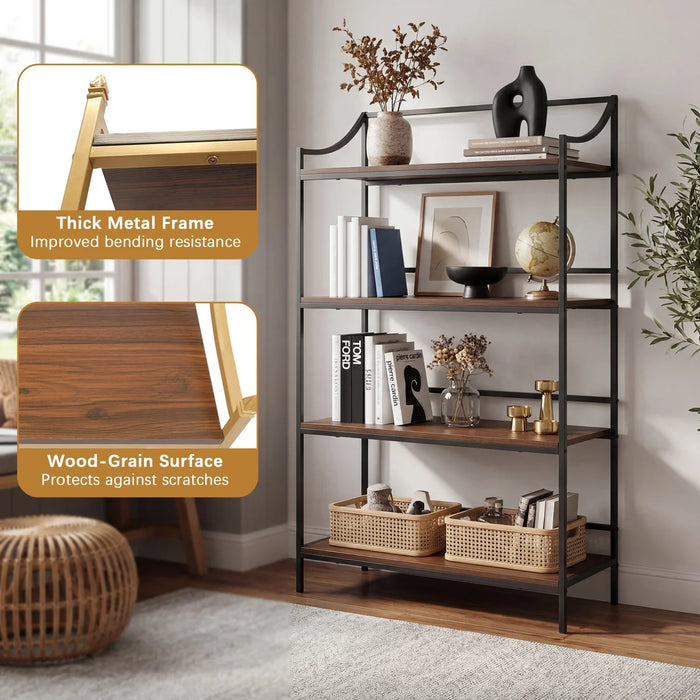 Rustic 4 Tiers Bookcase with Metal Frame, 56.75" X 33.25"