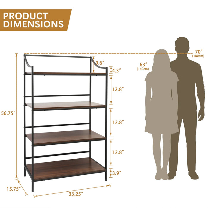 Rustic 4 Tiers Bookcase with Metal Frame, 56.75" X 33.25"