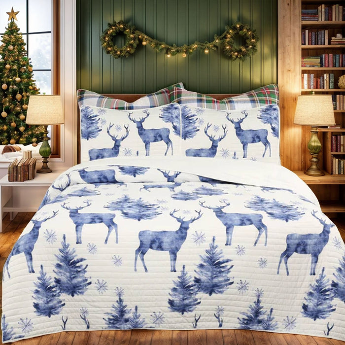 Marcielo Deer Pattern Quilt Set - Christmas Comforter Set (Holiday Bedding Quilted Bedspread Coverlet with 2 Pillow Shams for All Seasons)