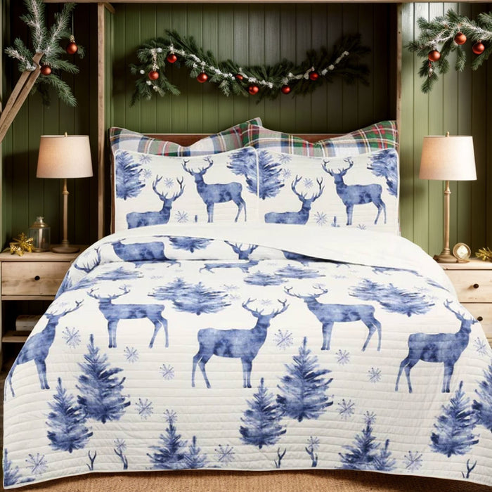 Marcielo Deer Pattern Quilt Set - Christmas Comforter Set (Holiday Bedding Quilted Bedspread Coverlet with 2 Pillow Shams for All Seasons)