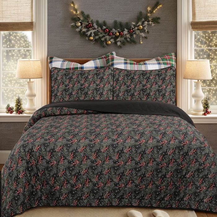 Marcielo Holly Berry Tree Pattern Quilt Set - Christmas Comforter Set (Holiday Bedding Quilted Bedspread Coverlet with 2 Pillow Shams for All Seasons)