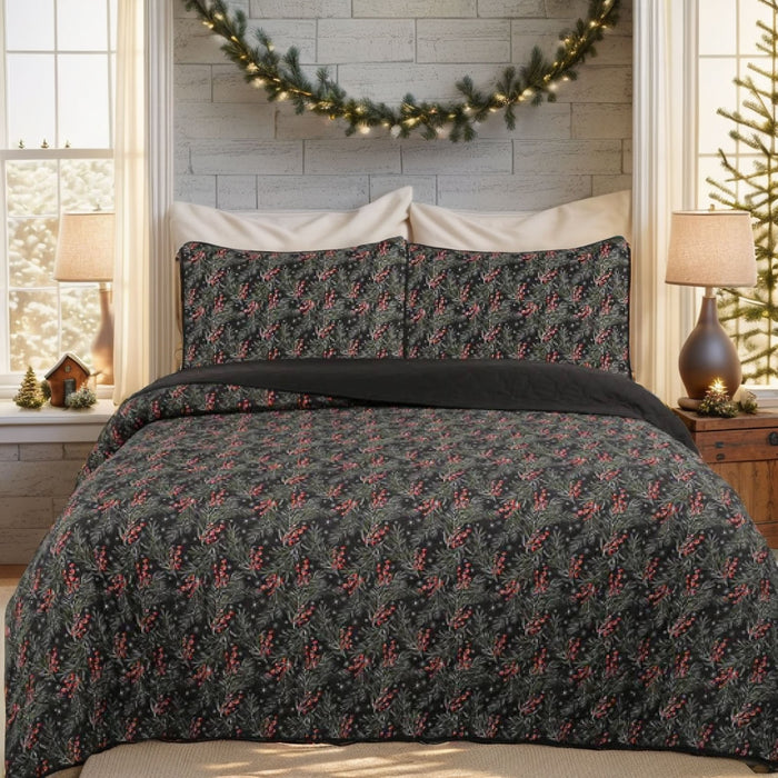 Marcielo Holly Berry Tree Pattern Quilt Set - Christmas Comforter Set (Holiday Bedding Quilted Bedspread Coverlet with 2 Pillow Shams for All Seasons)