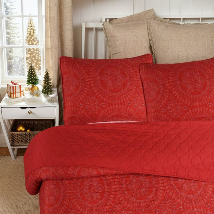 Marcielo Medallion Pattern Quilt Set - Christmas Comforter Set (Holiday Bedding Quilted Bedspread Coverlet with 2 Pillow Shams for All Seasons) - Red