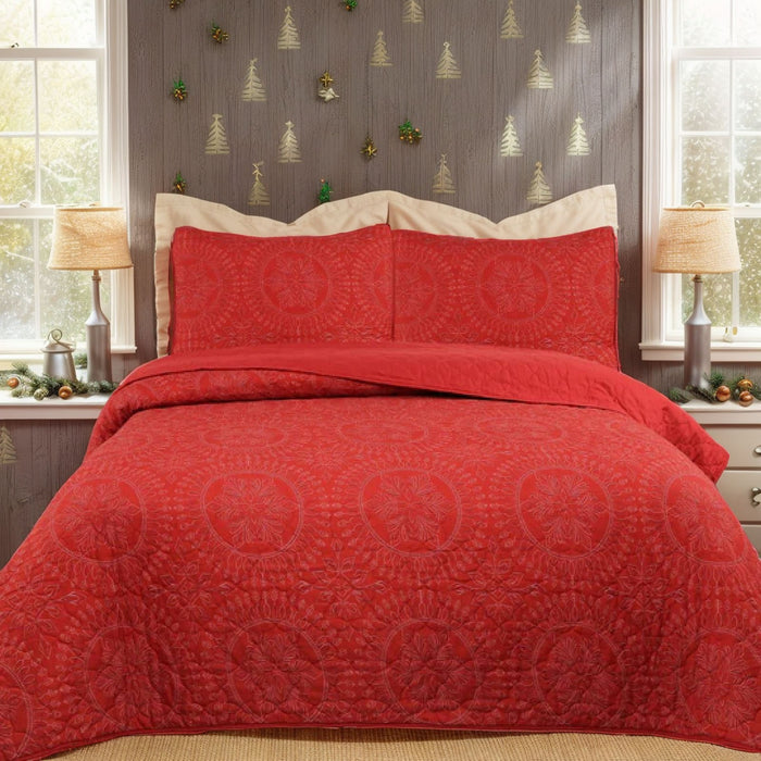 Marcielo Medallion Pattern Quilt Set - Christmas Comforter Set (Holiday Bedding Quilted Bedspread Coverlet with 2 Pillow Shams for All Seasons) - Red