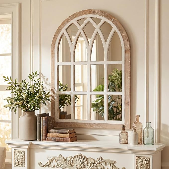 Farmhouse Window Pane Mirror, Large Decorative White Wall Mirror for Living Room Kitchen Entryway, 24 L x 34,Brown