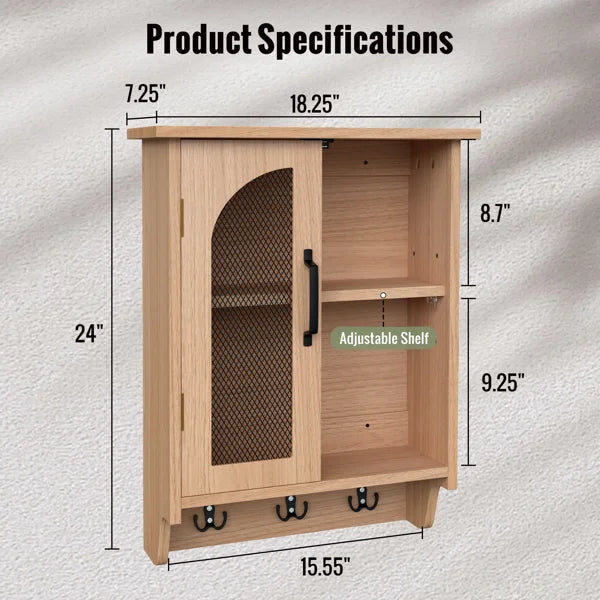 Multi-Functional Wood Wall Mounted Storage Cabinet With Hooks, 24'' H X 18.25'' W X 7.25'' D