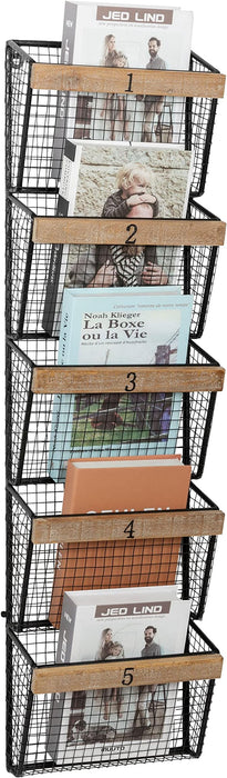 RiteSune Wall Mounted File Magazine Mail Rack Holder, Metal Basket Shelf Wall Organizer for Newspapers, Magazines, Fit for Office, Home, 5 Tier, Black