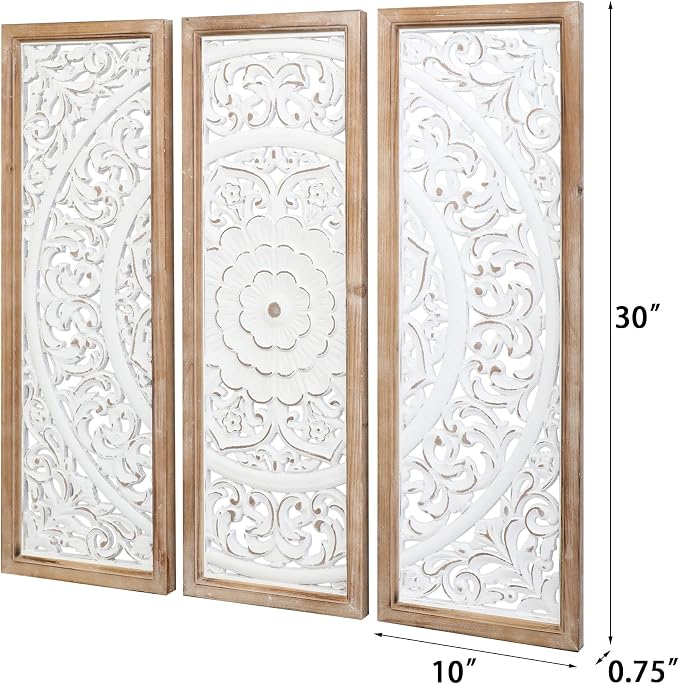 RiteSune Farmhouse Wall Sculpture Carved Wood Wall Art Decor, 3 Panel Floral Rustic Wooden Frame Hanging Wall Décor for Living Room Bedroom Entryway Hallway, 30" x 30"